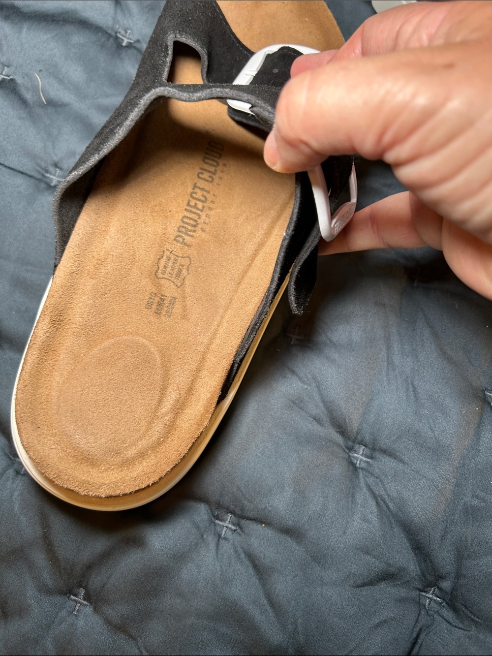 Women's Black Suede Double-Strap Sandals with White Buckles - Picture 4 of 4